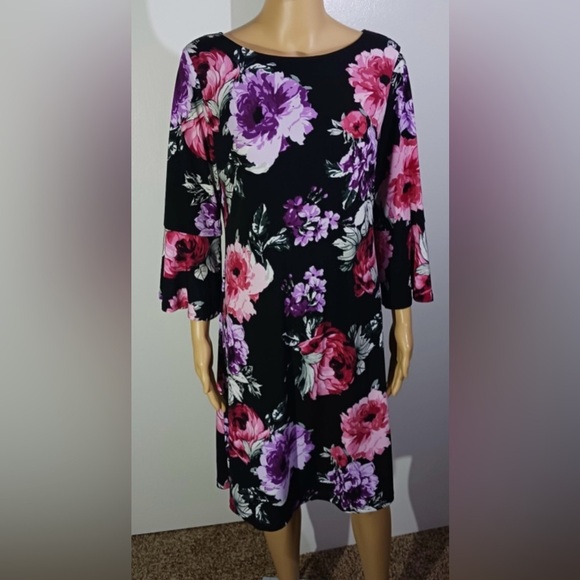 ROZ & ALI floral midi dress 3/4 bell sleeves stretchy scoop small flaw size 2X - Picture 5 of 13